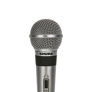 Microfone Dinâmico Shure 565SD prata com globo metálico.