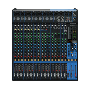 Mixer de Áudio Yamaha MG com chassi metálico e knobs coloridos para produção.