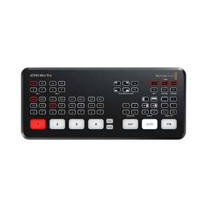 Switcher de Produção para Streaming ATEM Mini Pro com painel de controle e botões iluminados.
