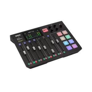 RØDECaster Pro Console Profissional com faders e pads coloridos para podcast.