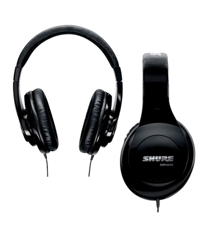 Fone de ouvido Shure SRH240A (modelo preto) sobre fundo neutro